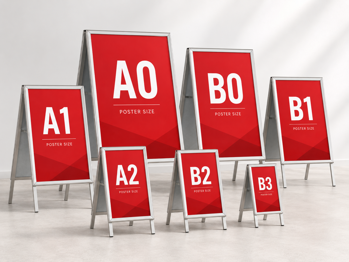 Kundenstopper in verschiedenen Formaten A0 A1 A2 B0 B1 B2 und B3 im Größenvergleich