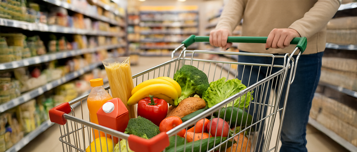 Gefüllter Einkaufswagen im Supermarkt