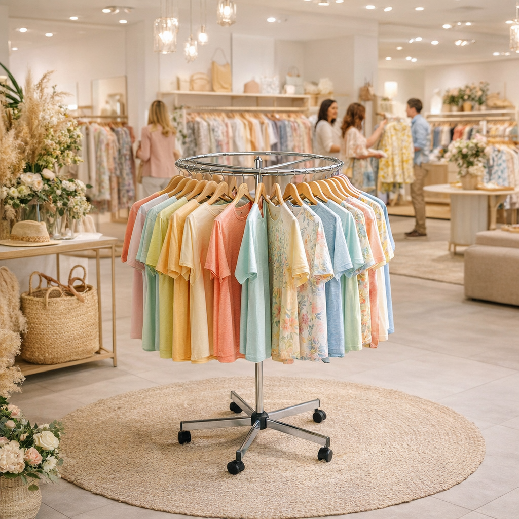 Höhenverstellbarer Ringständer verchromt für Modegeschäfte