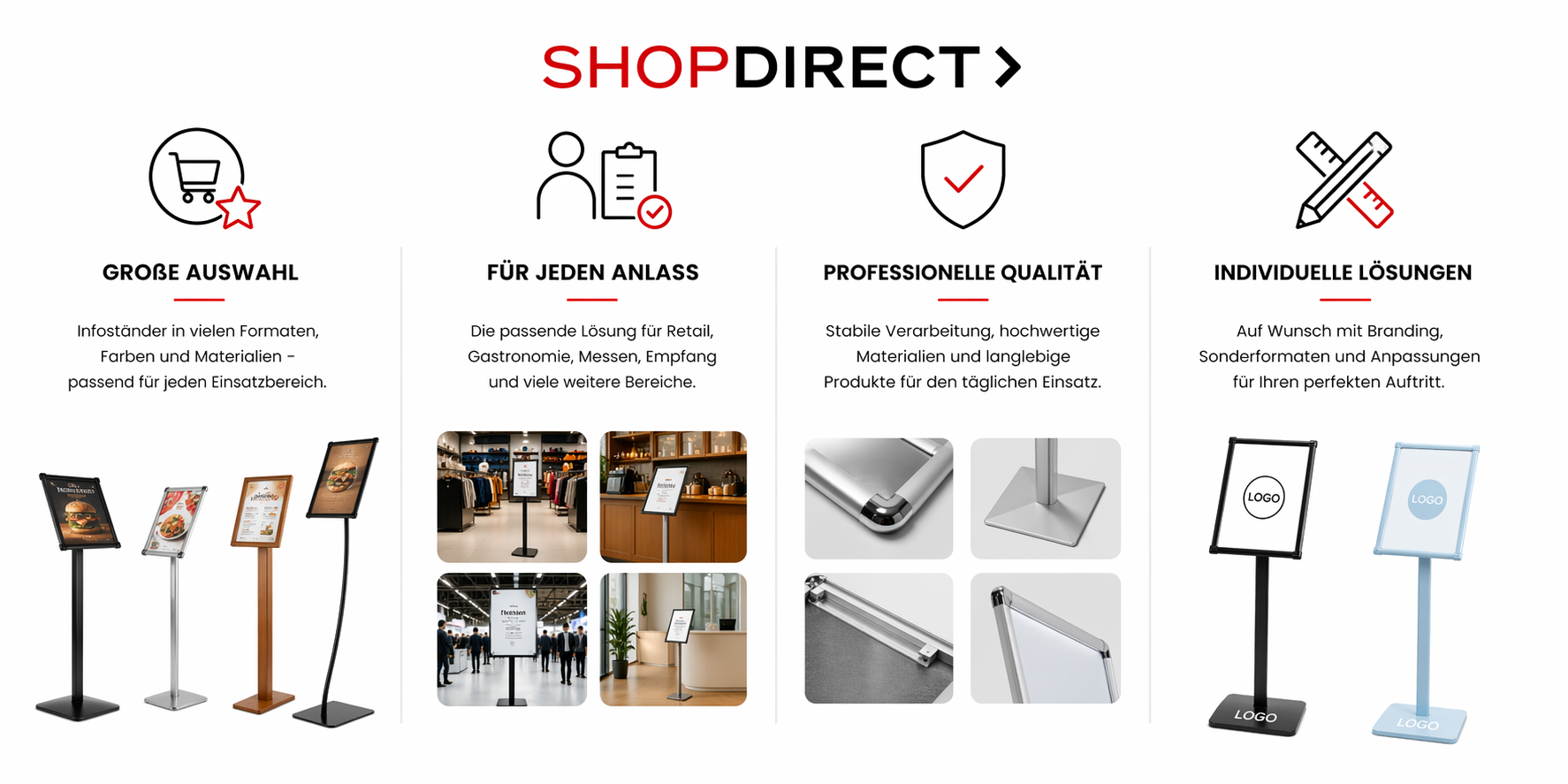 Banner mit Vorteilen und Einsatzbereichen von Infoständern bei ShopDirect