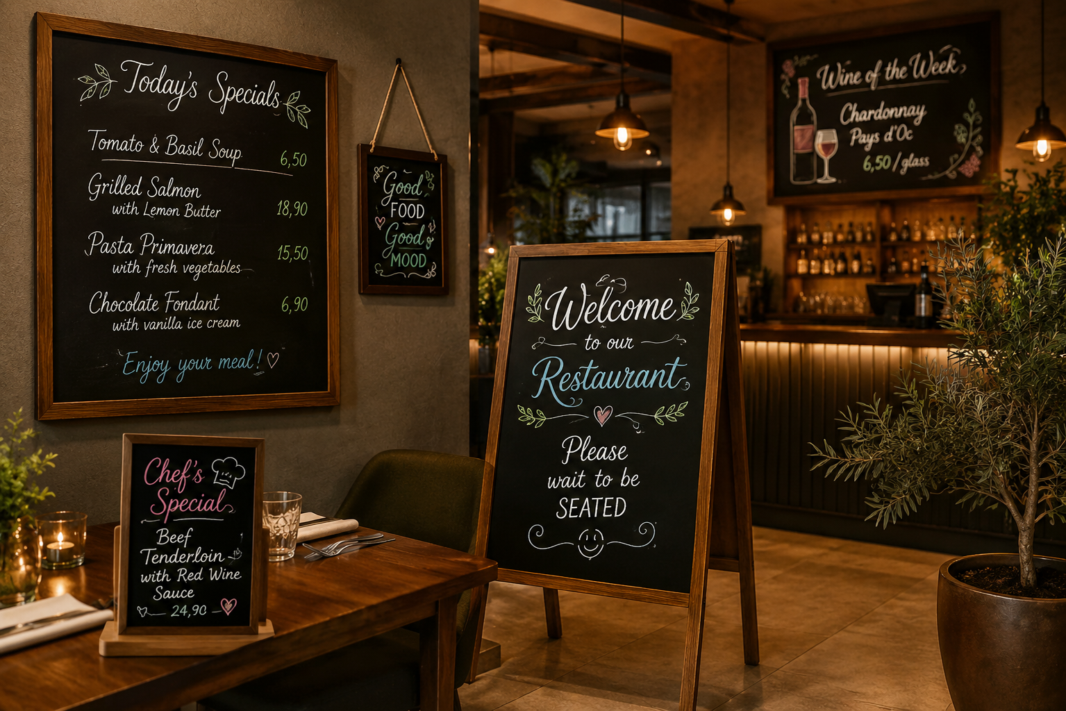 Différentes ardoises et tableaux ardoise pour restauration, commerce et surfaces de vente en France