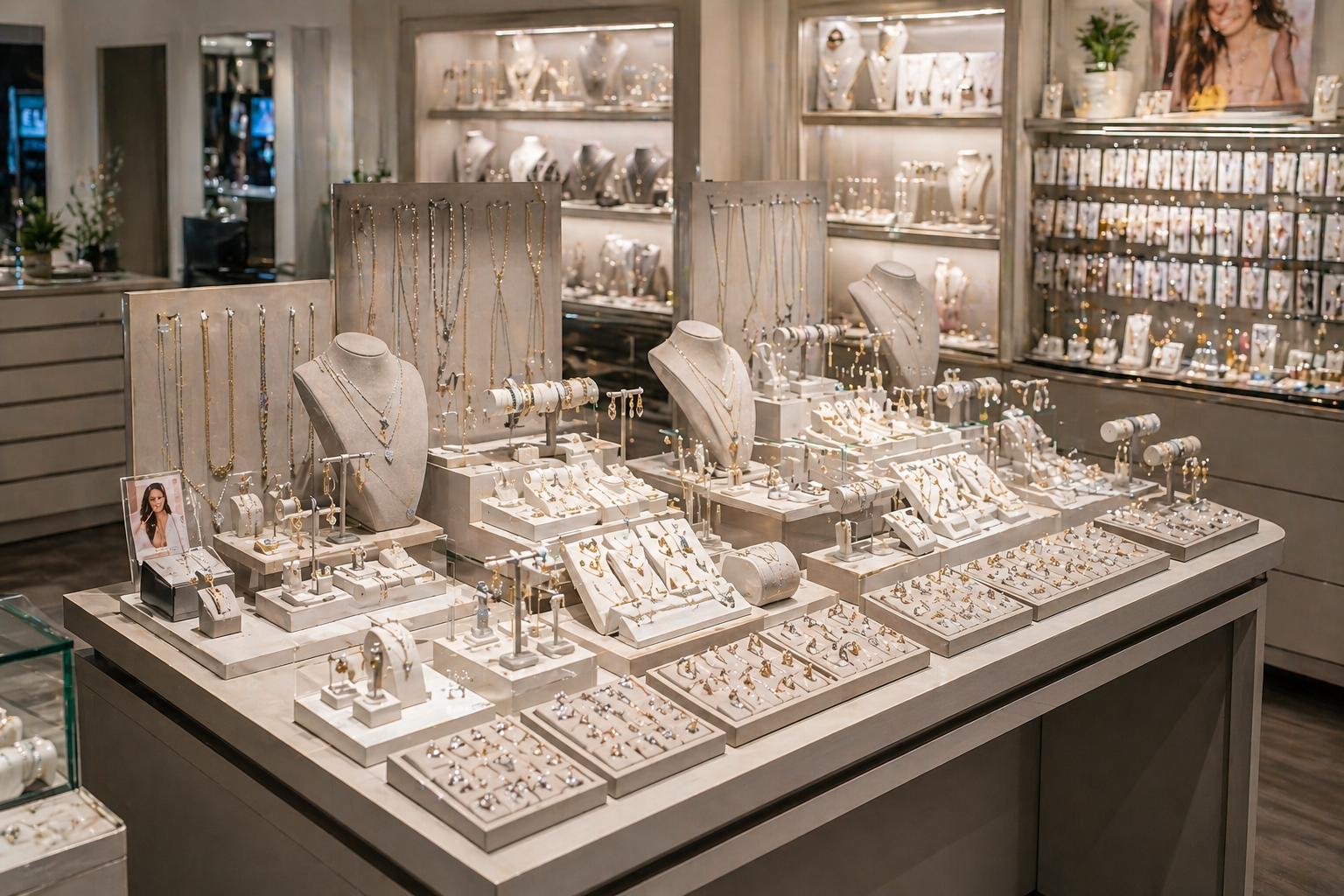 Présentation de bijoux moderne dans une boutique lumineuse avec plateaux à bagues et displays structurés