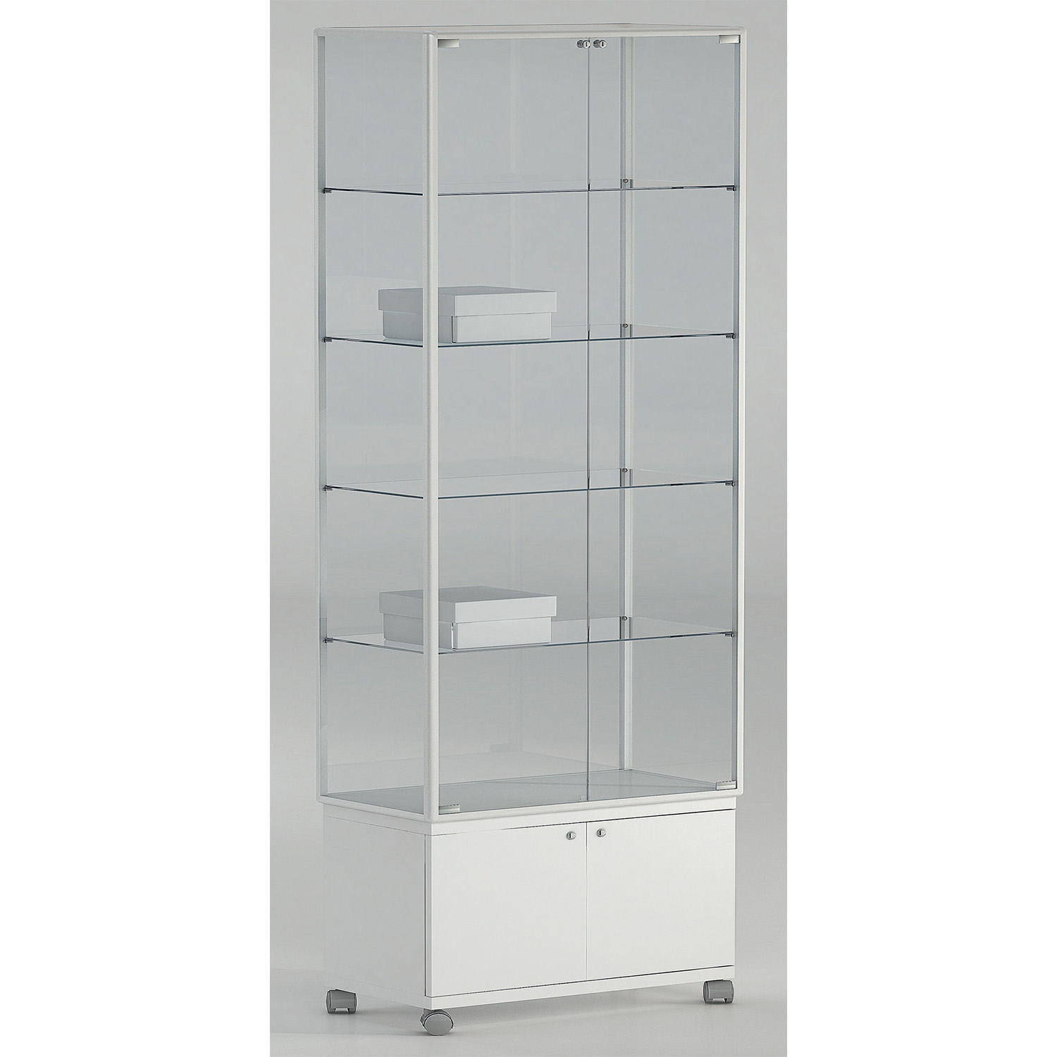 Vitrine 5 Etagen mit Unterschank und Rollen