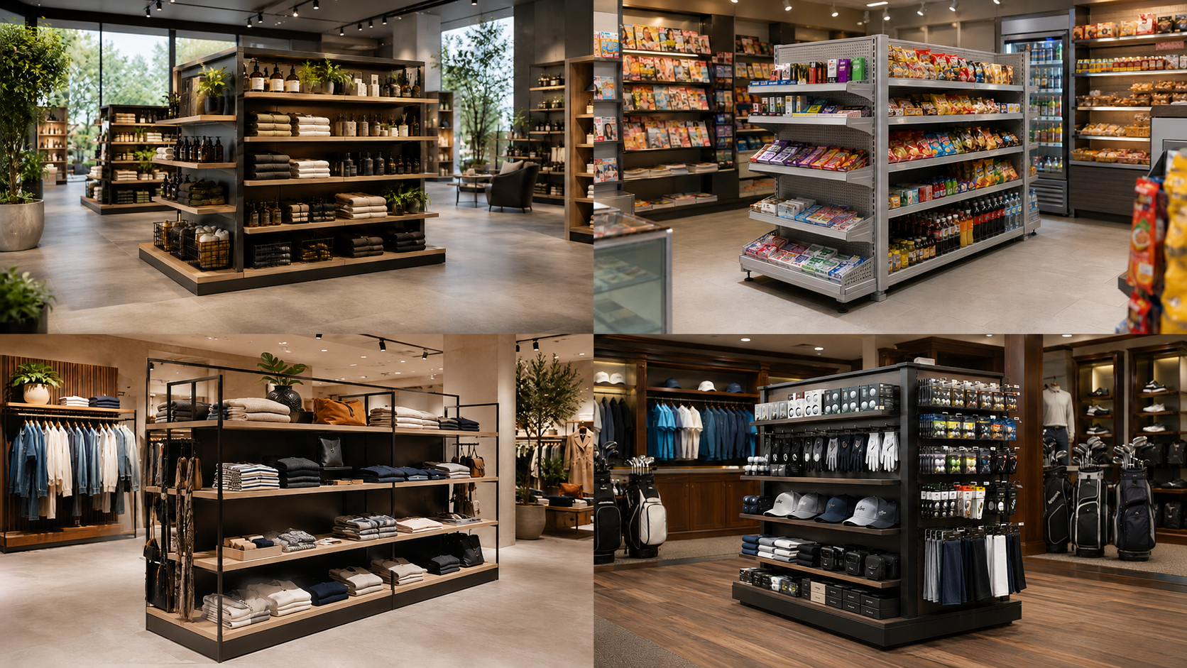 Vier Gondelregale als Mittelraumregale in verschiedenen Ladenkonzepten: Kiosk, Textilgeschäft, moderner Store und Golfshop
