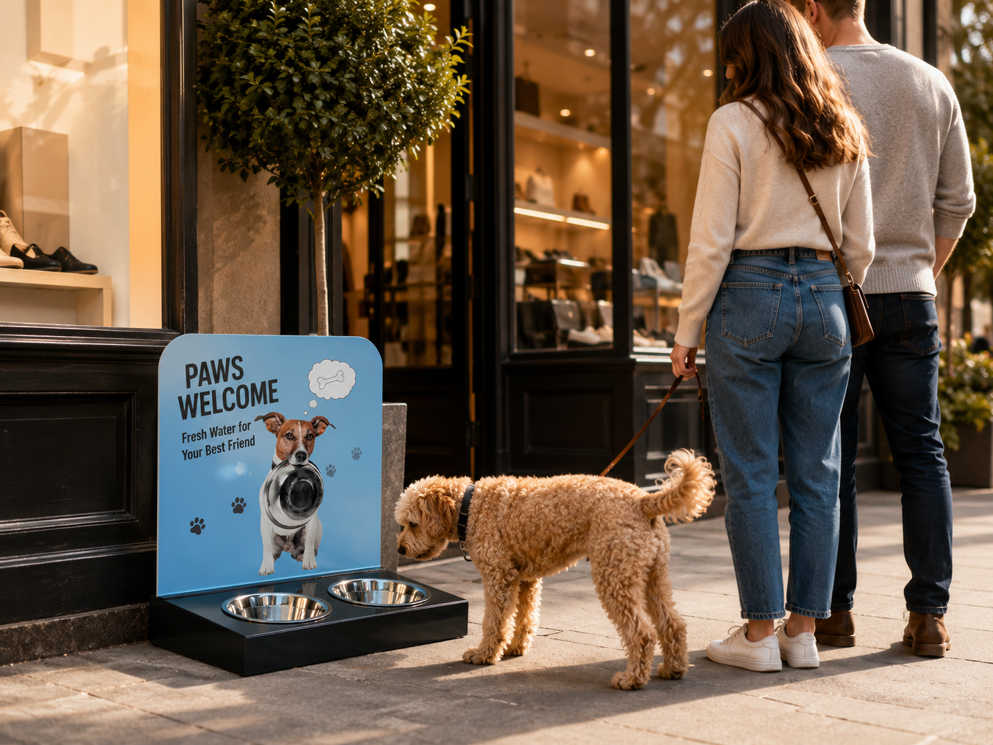 Hundetankstelle mit Kundenstopper und Wassernapf vor einem Geschäft