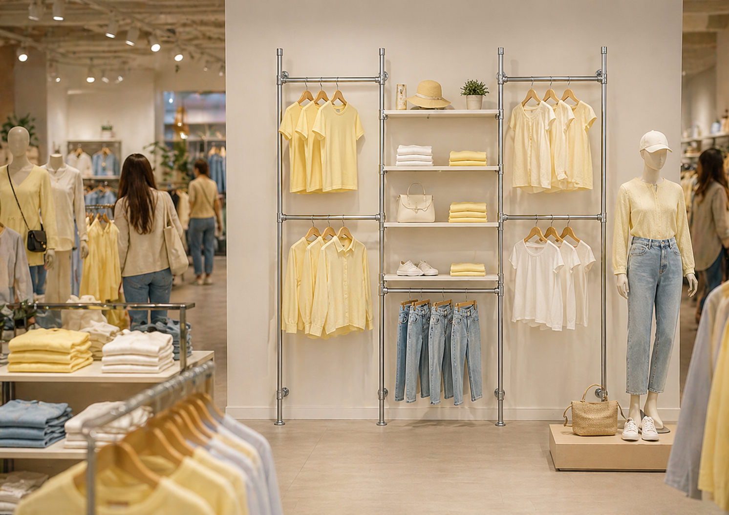 Système d’agencement Salsa dans une boutique de mode moderne avec nouvelle collection jaune pastel
