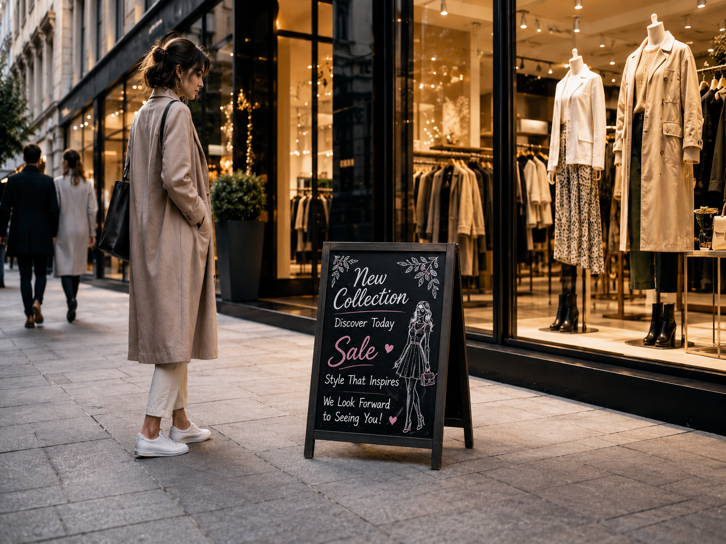 Chevalet ardoise devant une boutique comme support publicitaire pour nouvelles collections