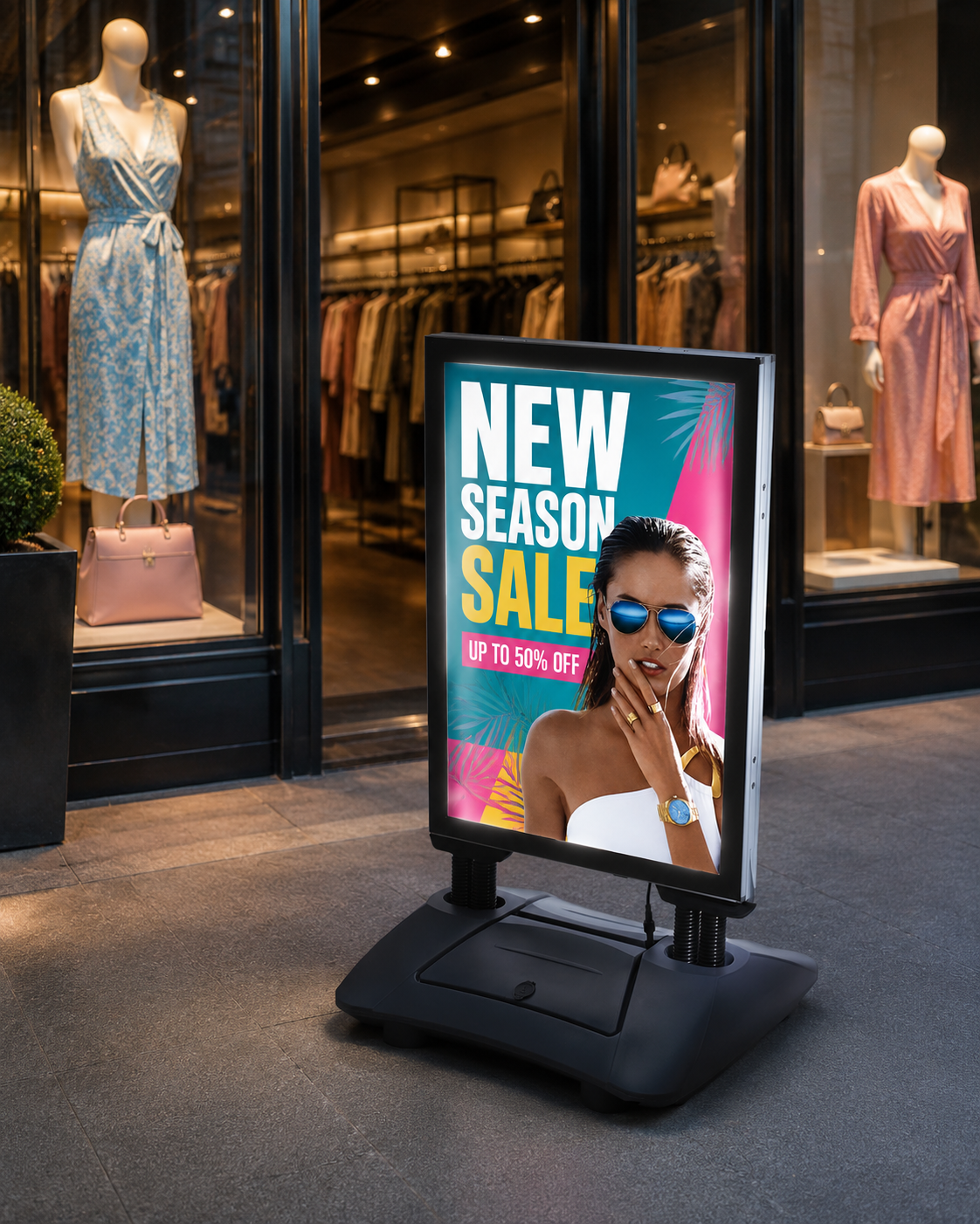Beleuchteter Kundenstopper vor einem Modegeschäft mit aufmerksamkeitsstarkem Sale-Plakat