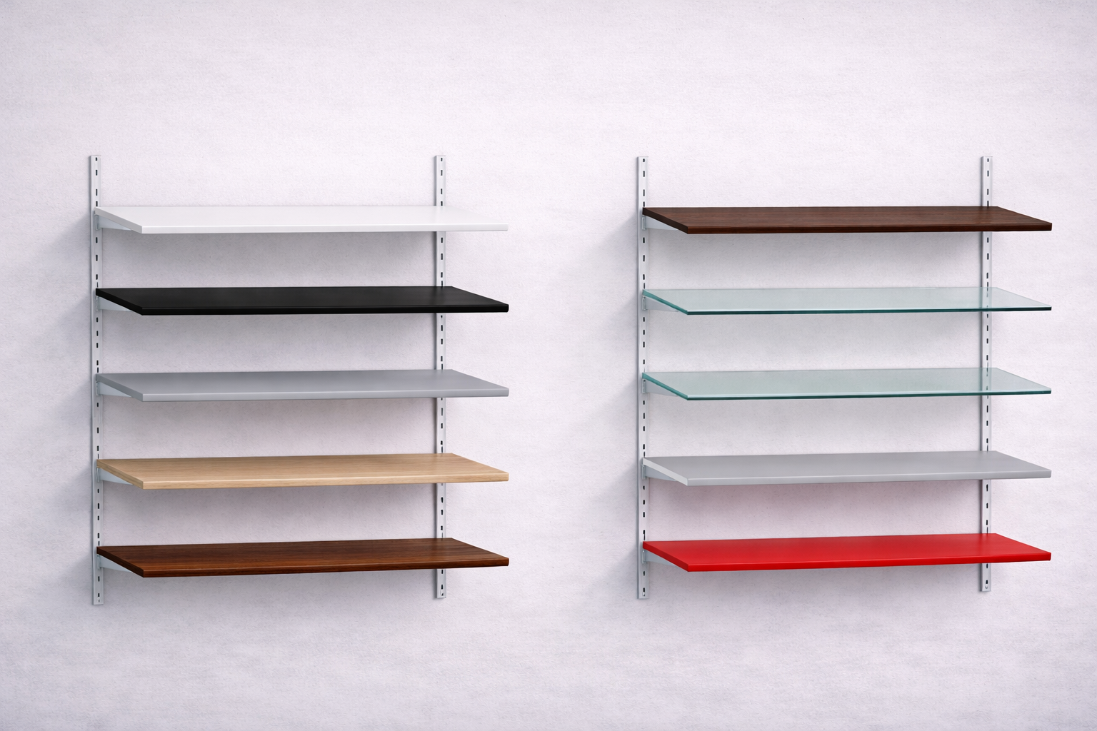 Farb- und Materialvarianten für Fachböden von Wandschienen Systemen