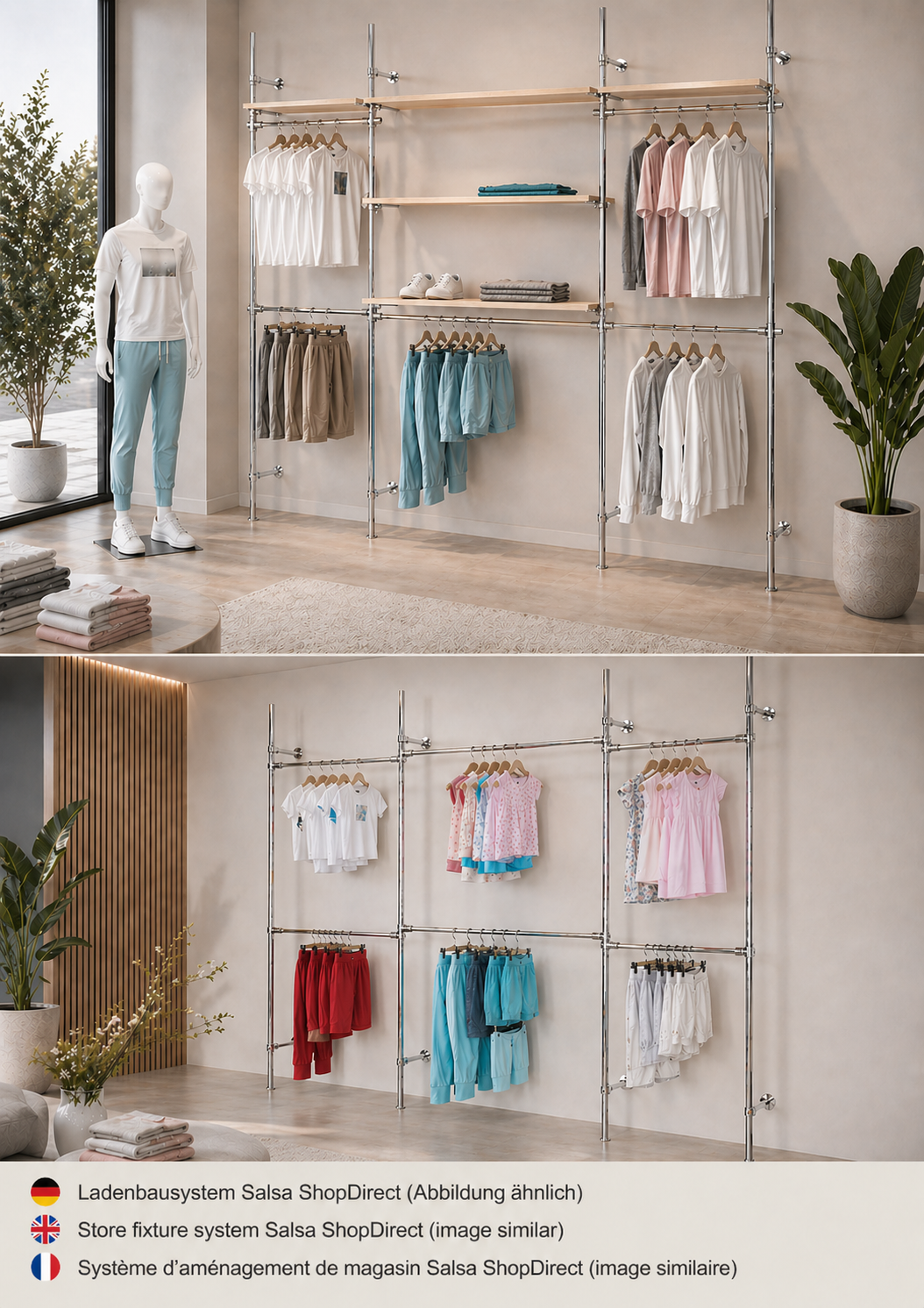 Système d’agencement Salsa comme structure tubulaire moderne pour boutique de mode et textile