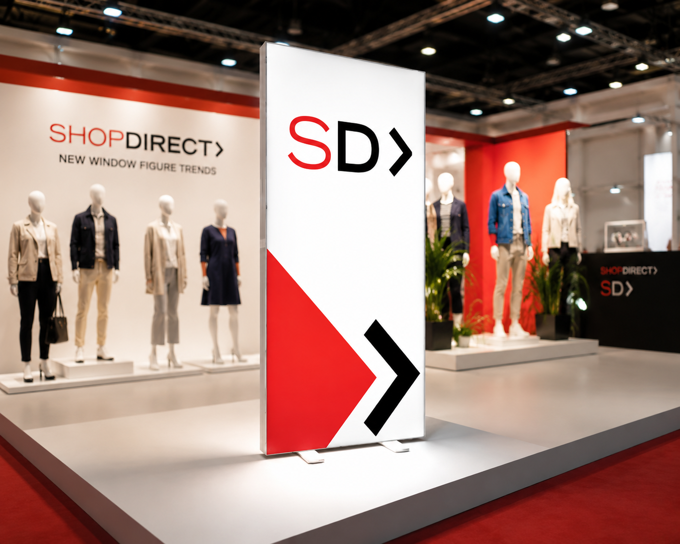 Beleuchteter ShopDirect Leuchtkasten auf einer Messe mit Retail-Präsentation und Schaufensterfiguren