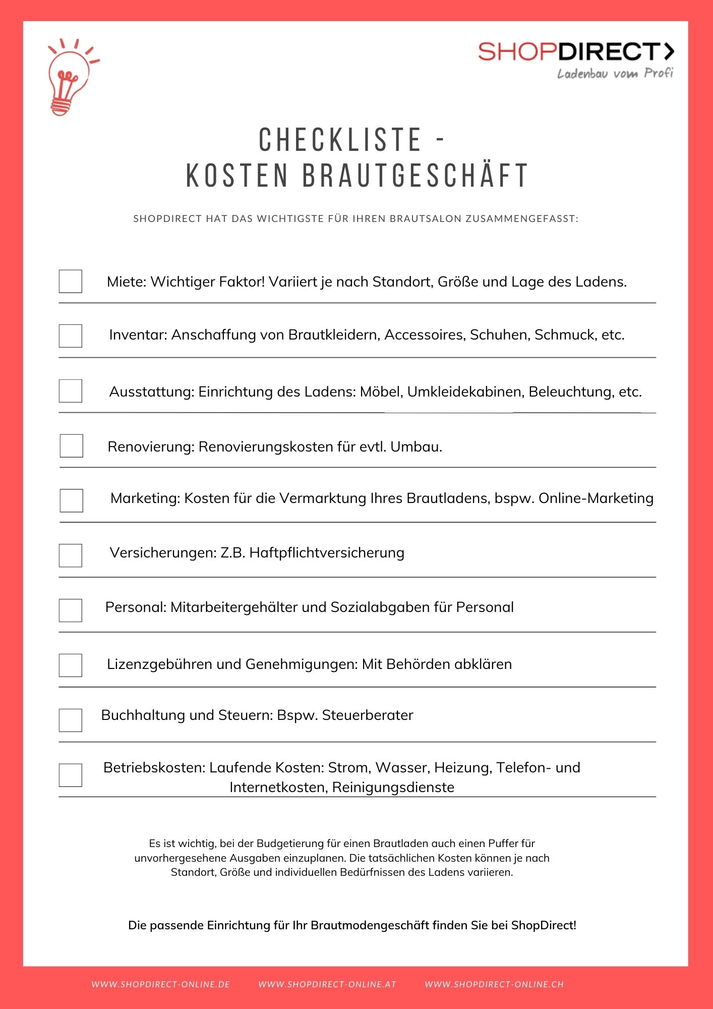 ShopDirect Checkliste Kosten Brautgeschäft