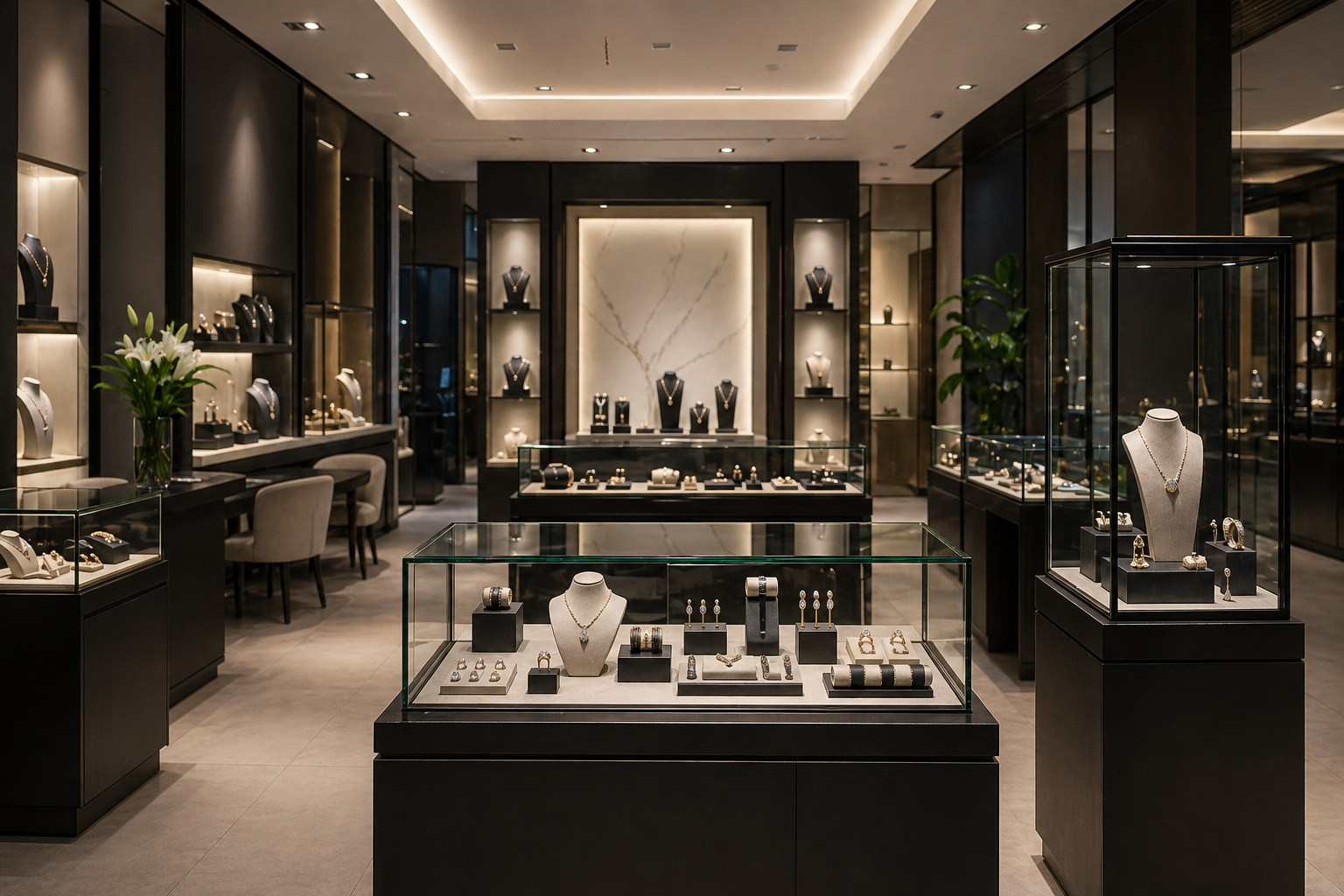 Présentation de bijoux haut de gamme en bijouterie avec vitrines, displays à bijoux et agencement clair des produits