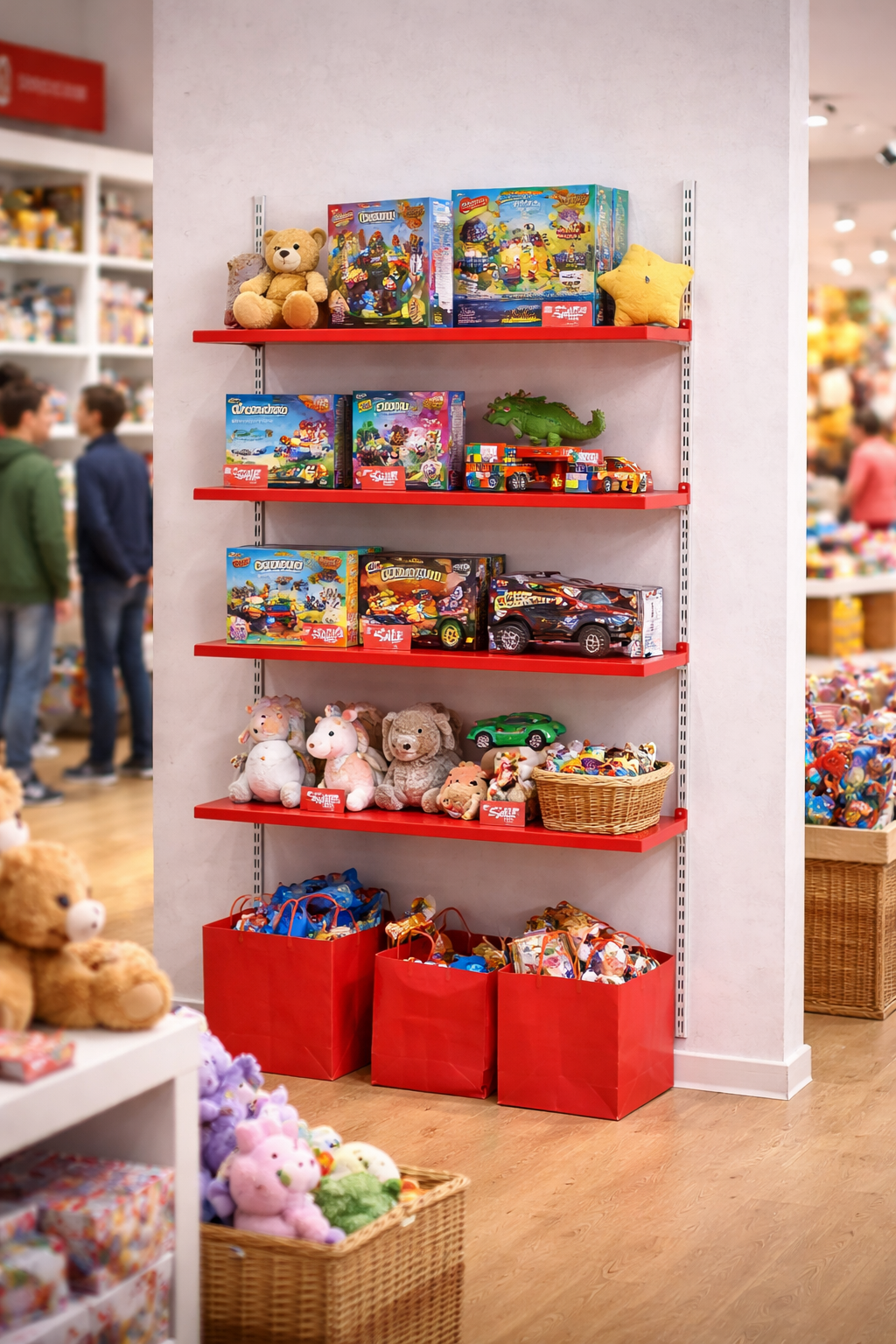 Wandschienen System in einer Nische im Spielwarenladen