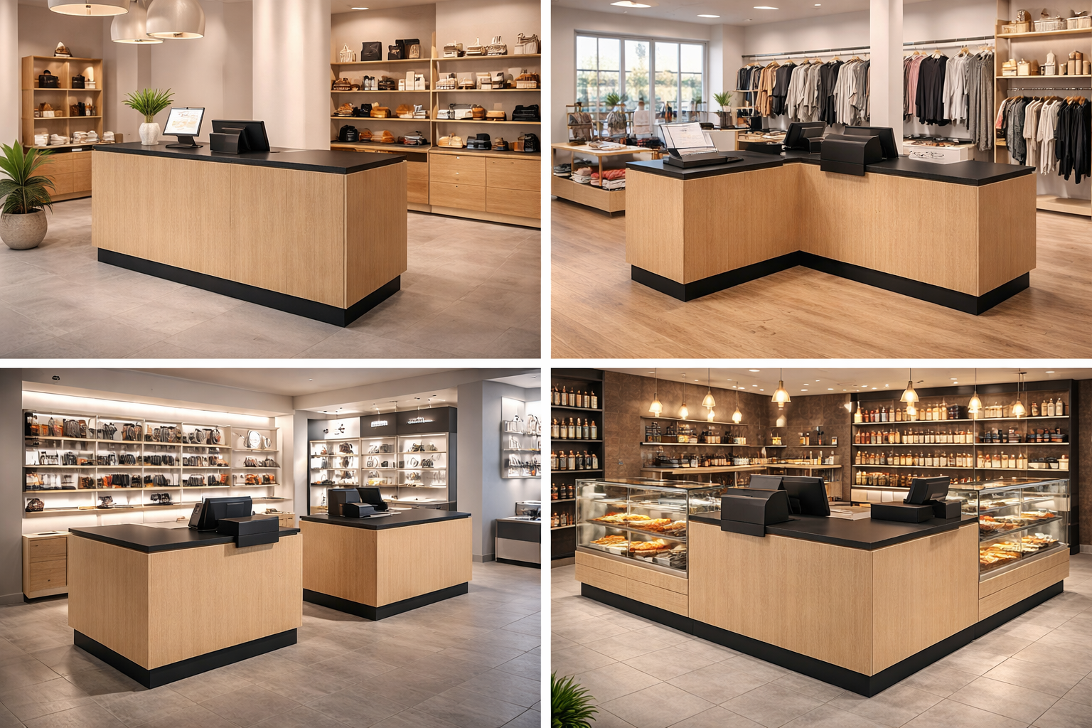 Comptoir de vente dans différents concepts d’aménagement tels que comptoir droit, solution d’angle, implantation en îlot et forme combinée