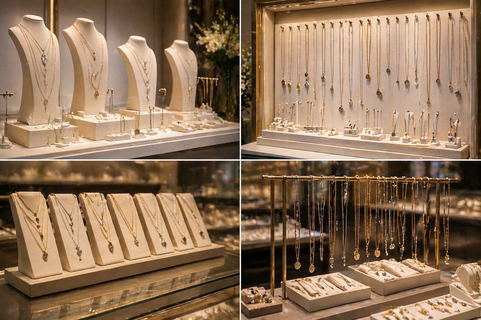 Présentation de colliers avec bustes, présentoirs à chaînes et displays à bijoux à plusieurs niveaux