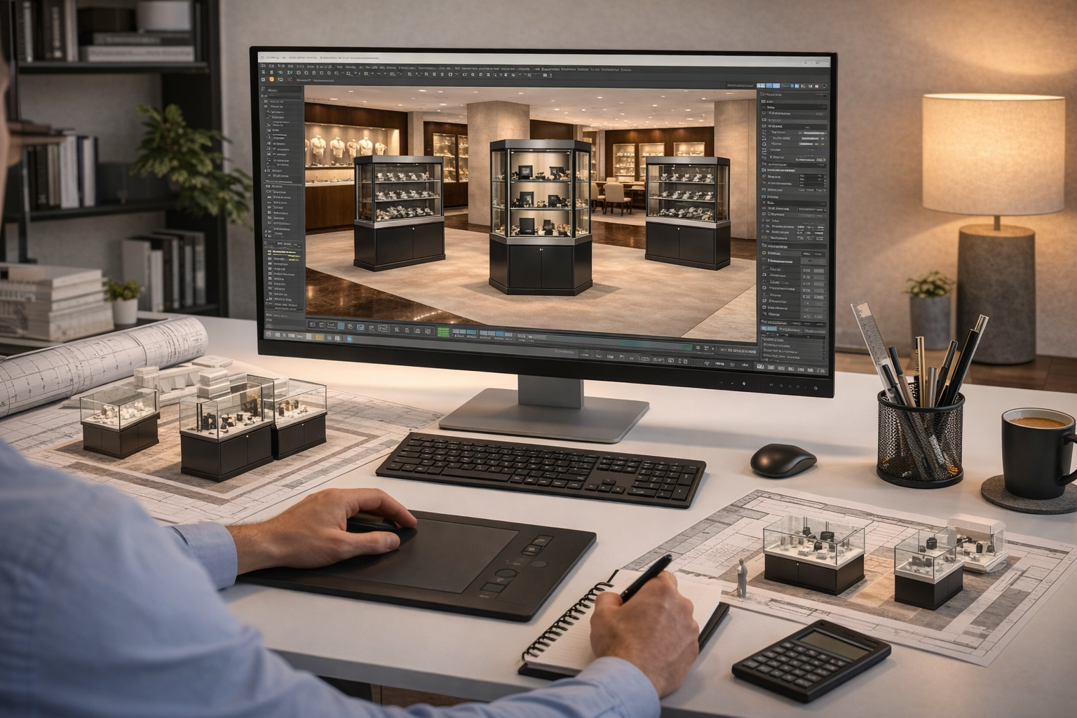 ShopDirect Mitarbeiter entwickelt das Vitrinenkonzept für einen Juwelier mit verschiedenen Glas Verkaufsvitrinen im Ladenmodell