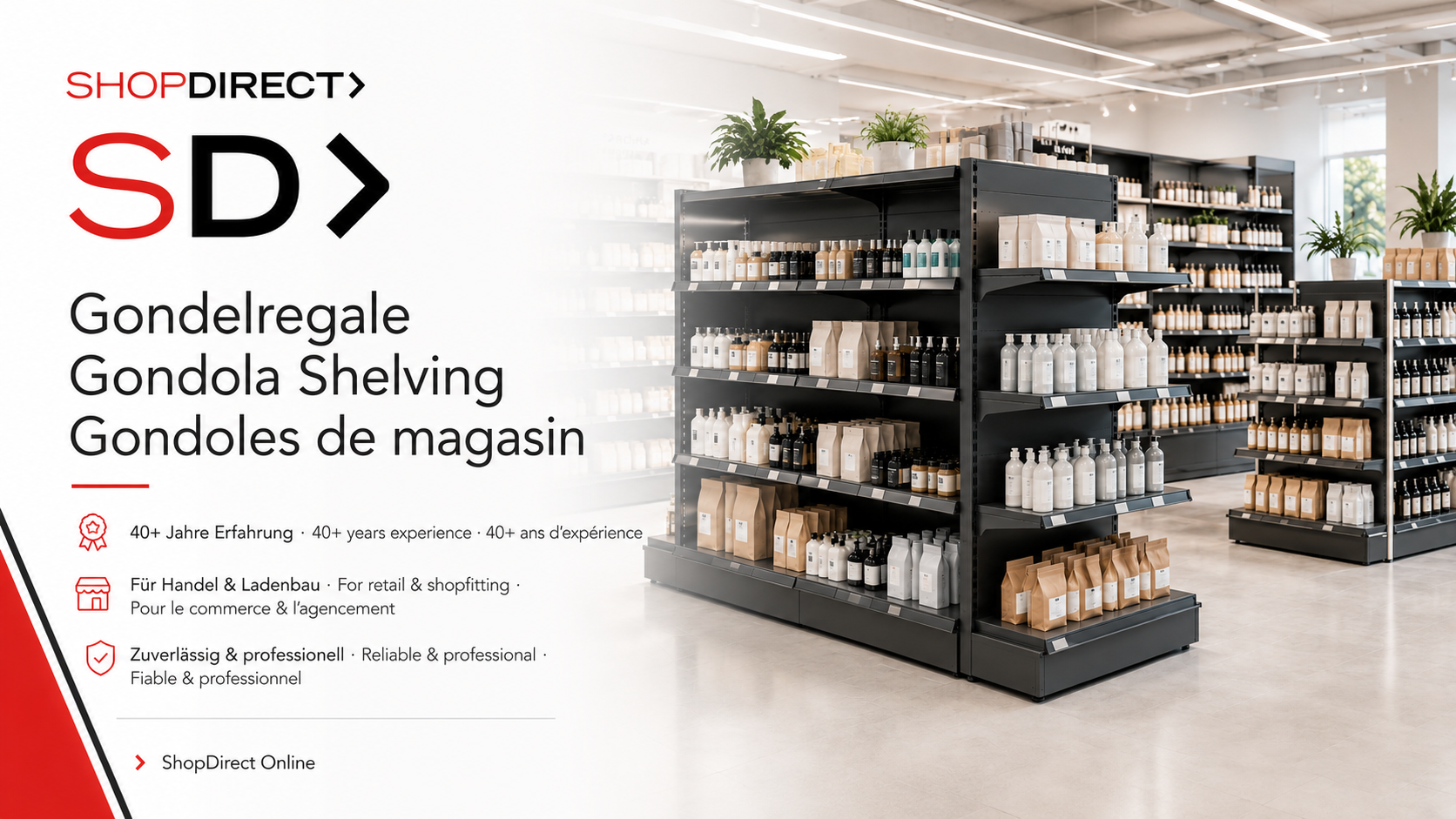 ShopDirect Banner für Gondelregale mit dreisprachigen Trust-Signalen und Mittelraumregalen für den Handel