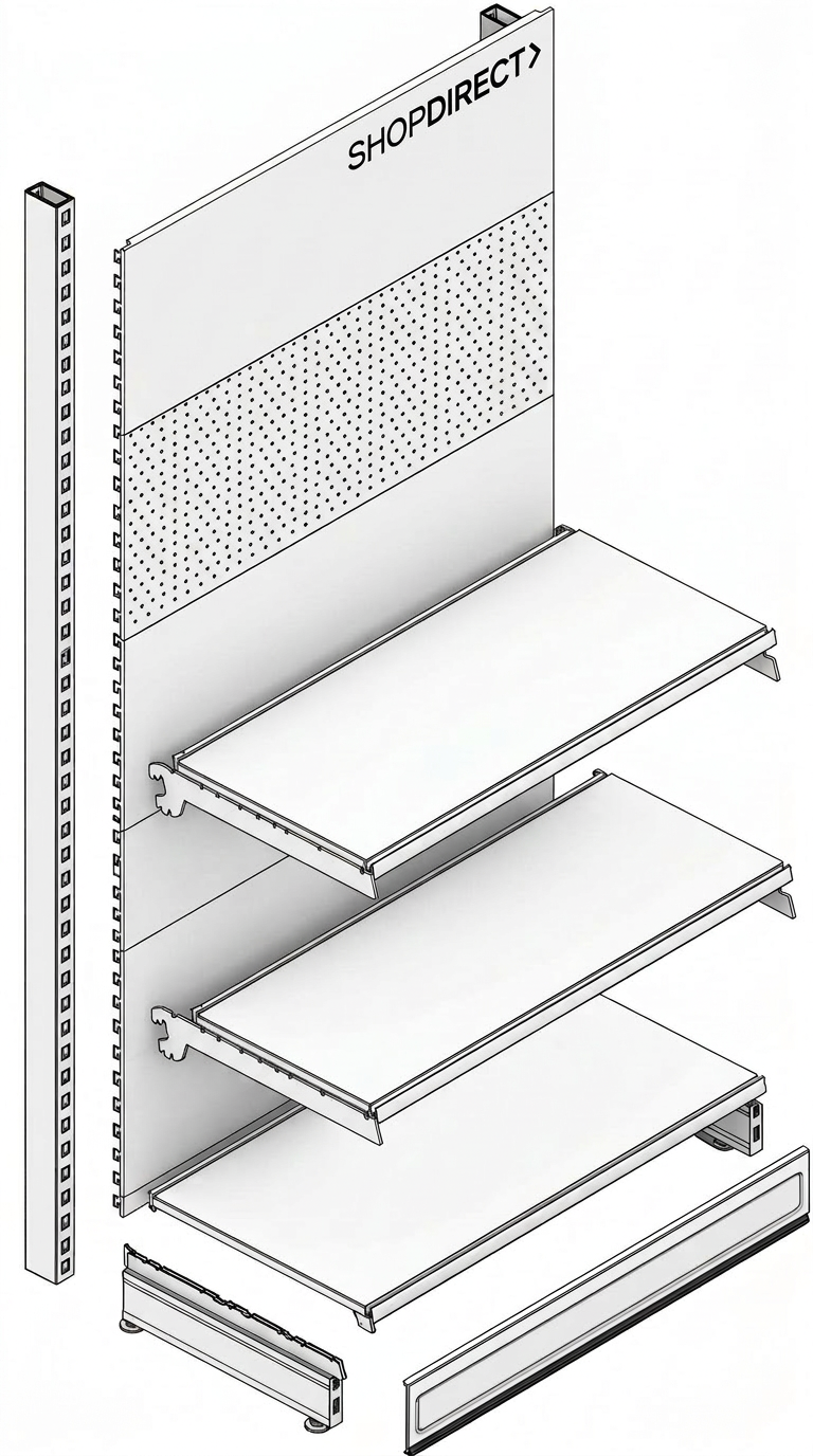 Freistehendes Ladenregal Metall mit Fachböden und gelochter Rückwand
