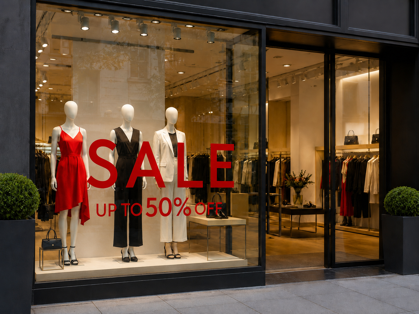 Moderner Sale Aufkleber als rote Schaufensterfolie an einer Boutique mit Schaufensterpuppen