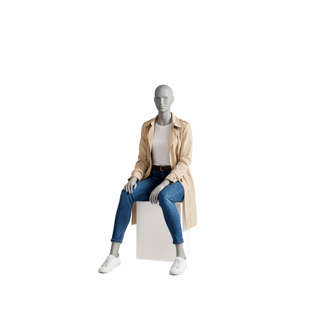 Sportliche Schaufensterpuppe Frau sitzend