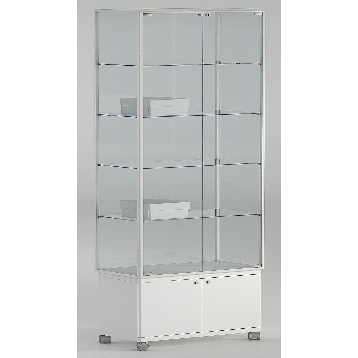 Vitrine 5 Etagen mit Unterschank und Rollen