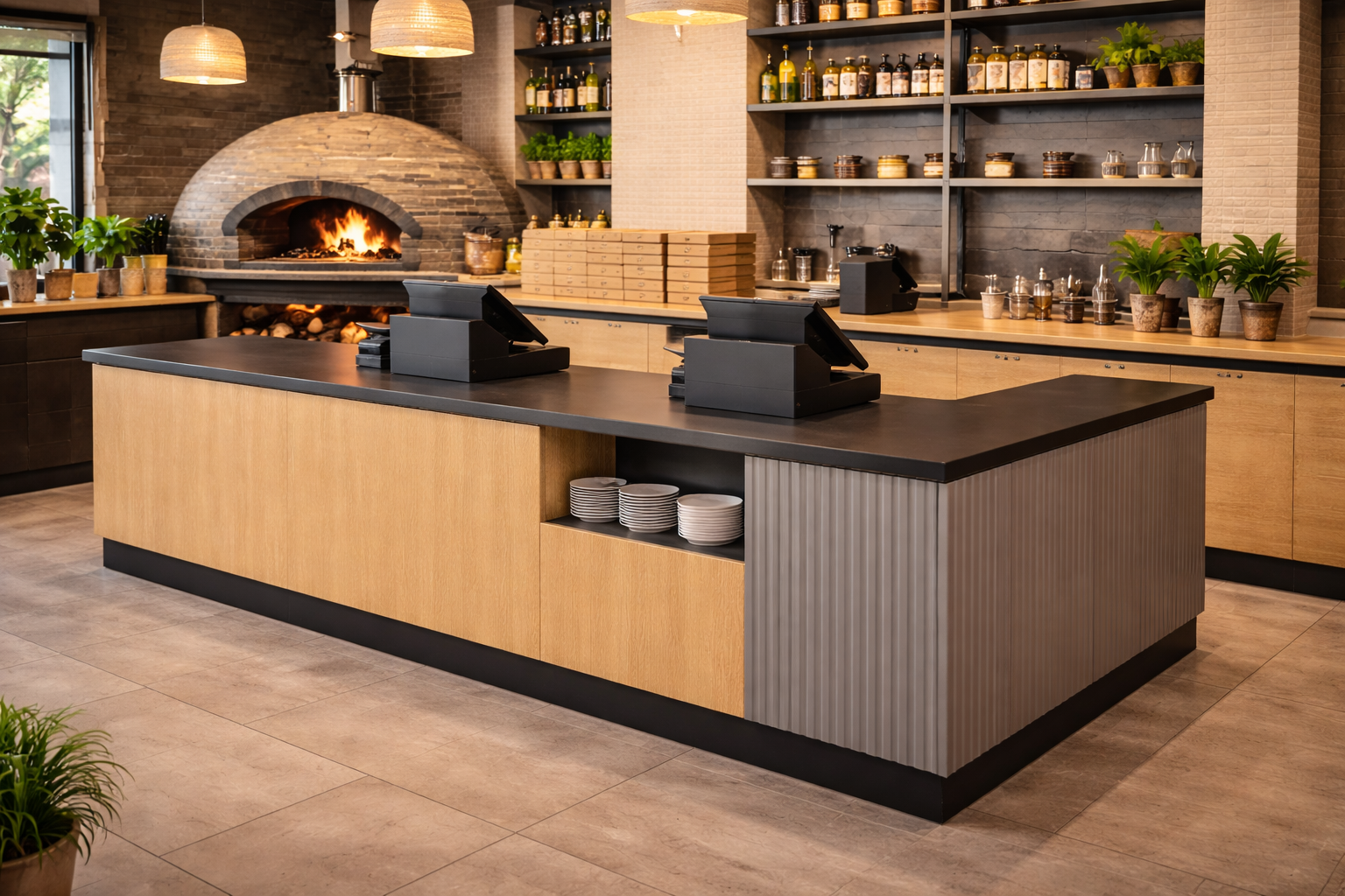 Comptoir de vente moderne dans une pizzeria haut de gamme avec four à pierre et zone de checkout clairement structurée