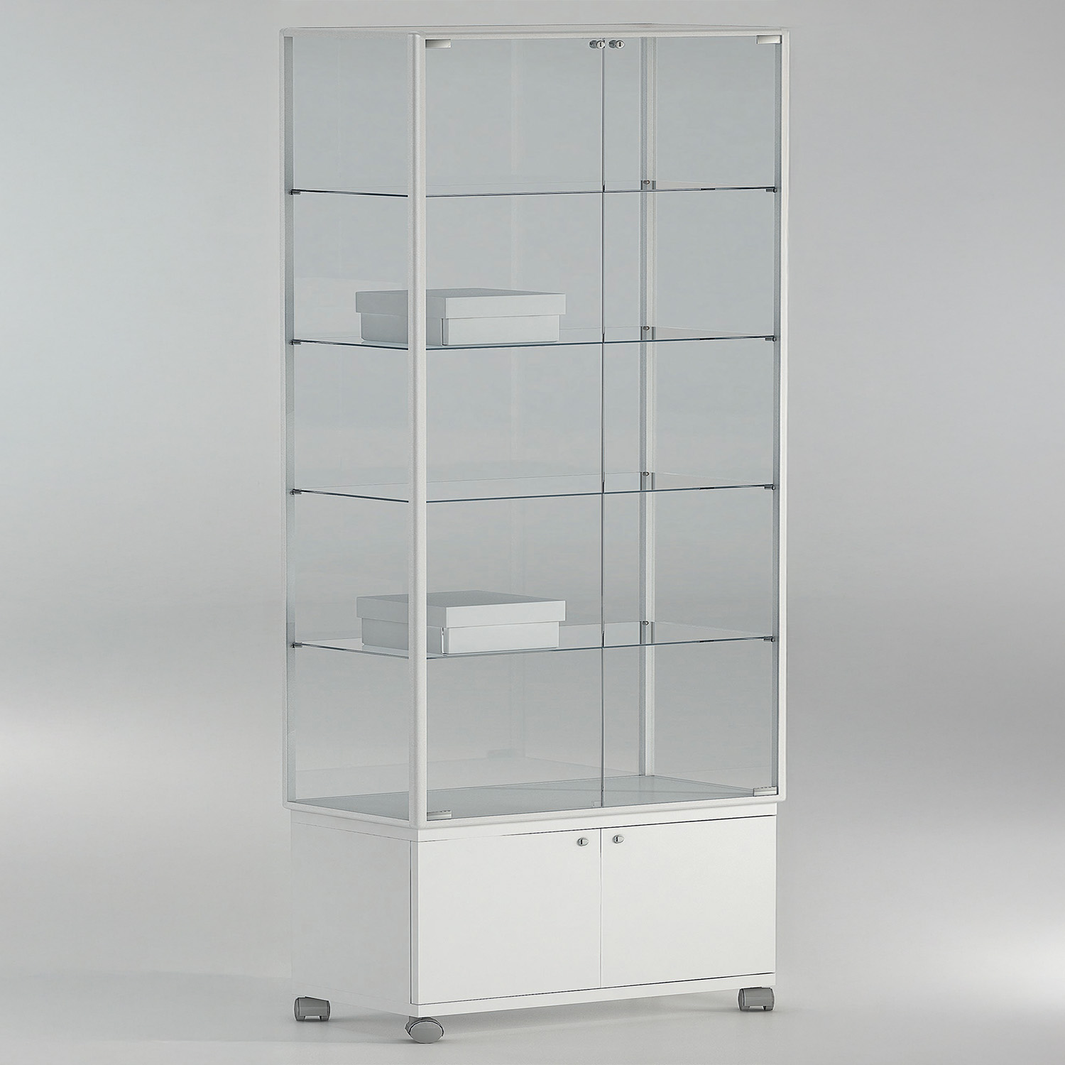 Vitrine 5 Etagen mit Unterschank und Rollen