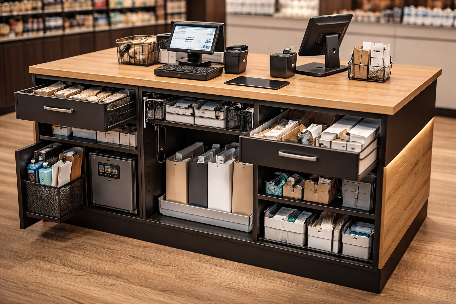 Structure d’un comptoir de vente moderne avec rangement, tiroirs, zone technique et espaces de travail organisés