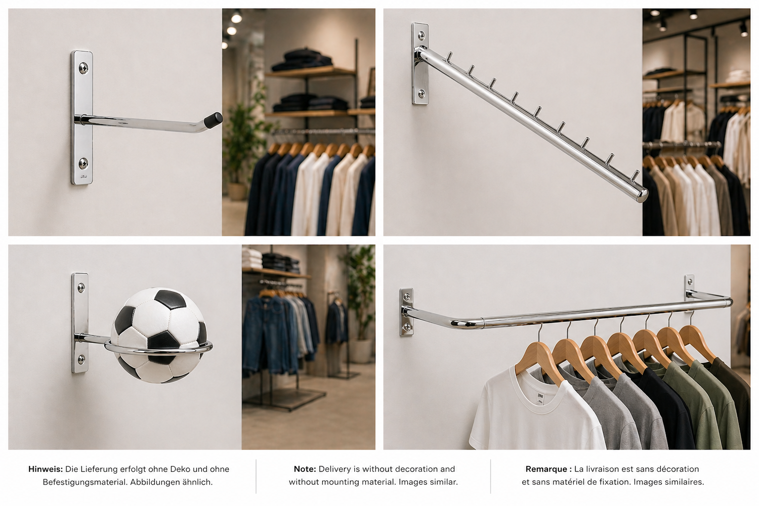 Ladenbausystem Techno mit verchromten Wandhaken, Abhängearmen, Ballhalter und Konfektionsrahmen in modernen Ladenflächen