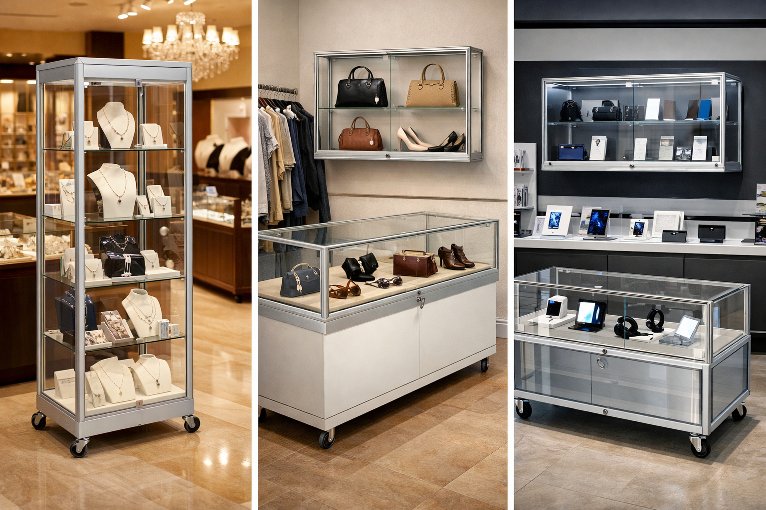 Verschiedene Modelle von Glas Verkaufsvitrinen für den professionellen Ladenbau