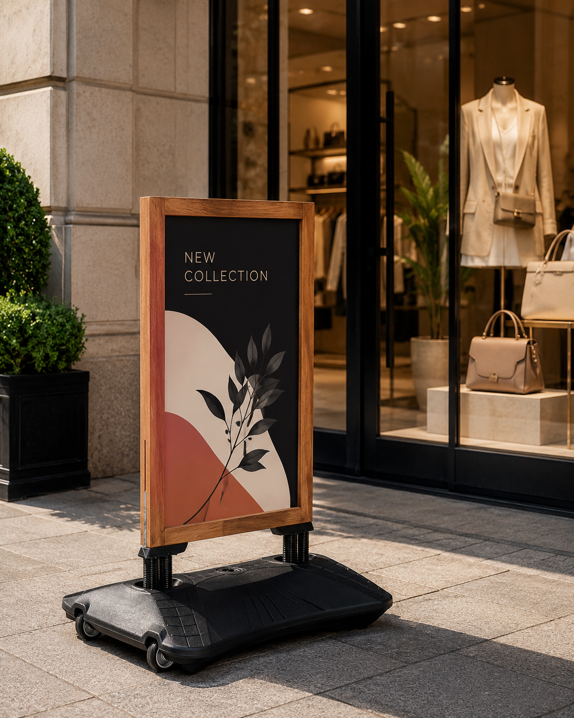 Outdoor Kundenstopper mit modernem Plakat vor einem Ladengeschäft