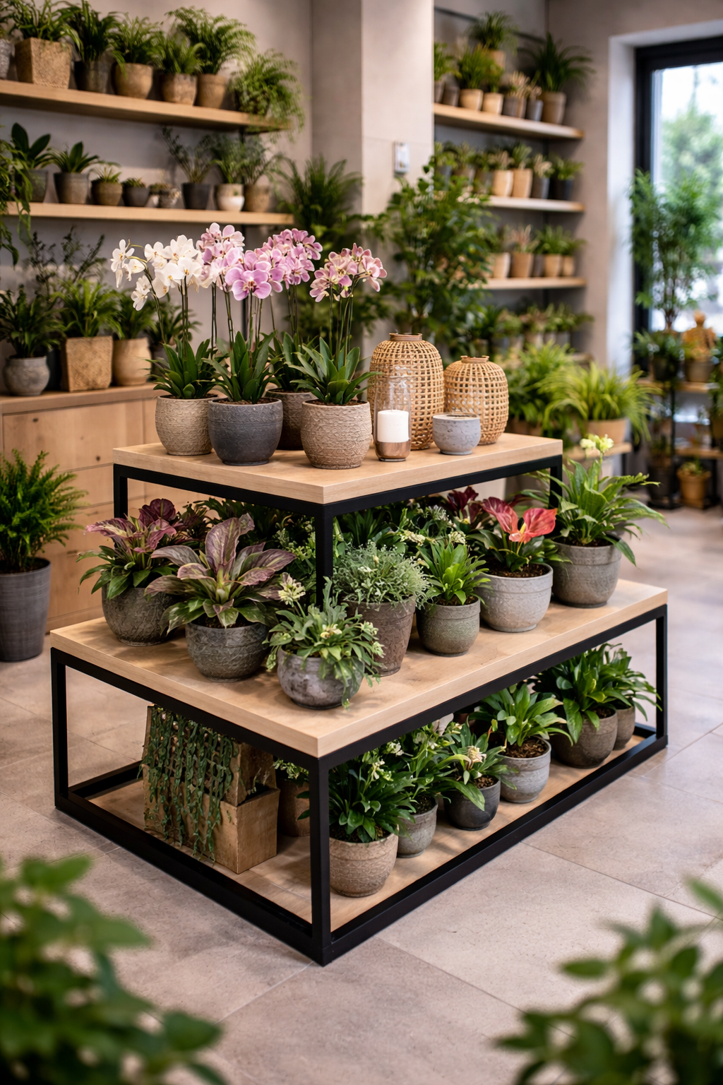 Verkaufstisch für Pflanzen im modernen Blumenladen mit gestufter Präsentation