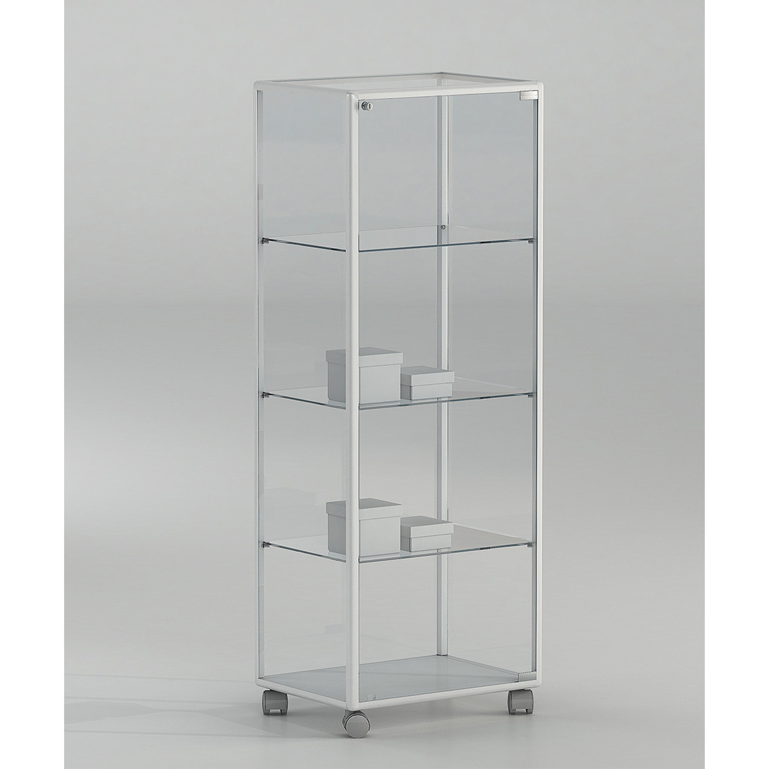 Standvitrine 4 Etagen mit Rollen