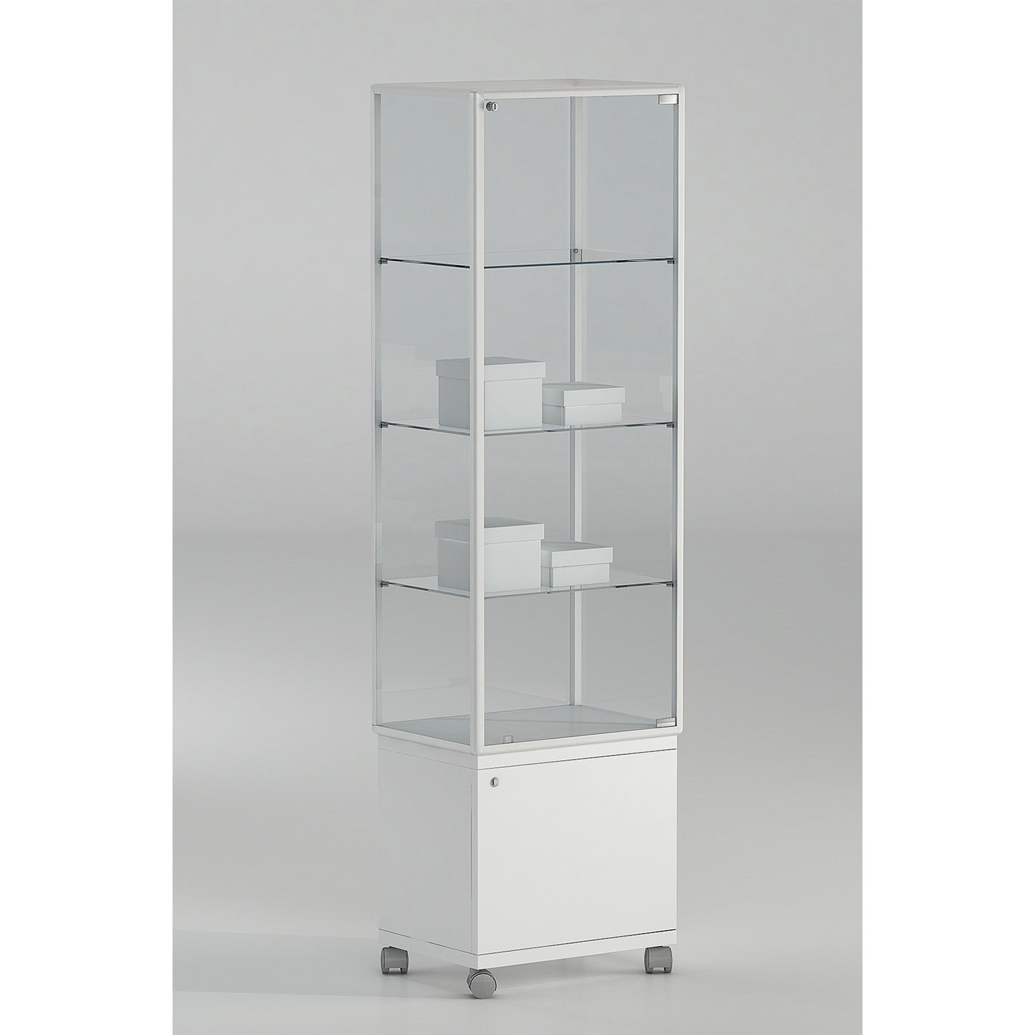 Vitrine 4 Etagen mit Unterschank und Rollen