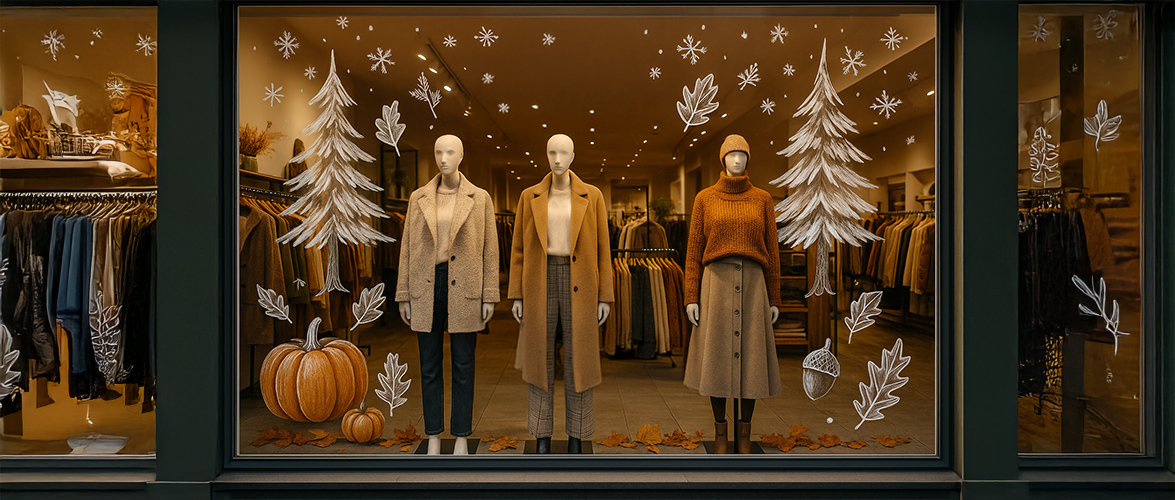 Herbst- und Winterdeko im Schaufenster