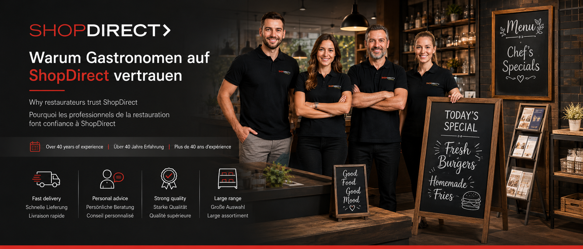 Bannière ShopDirect pour la restauration avec équipe, ardoises, stop-trottoirs et articles d'agencement