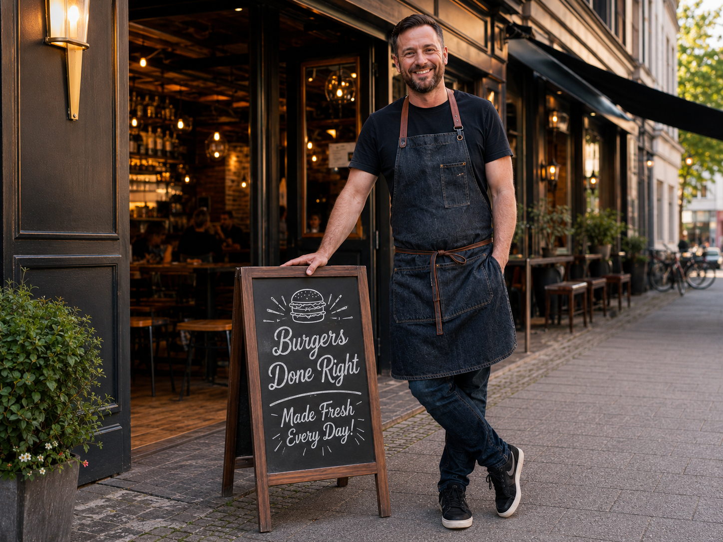 Gérant d'un restaurant de burgers satisfait devant un stop-trottoir ardoise