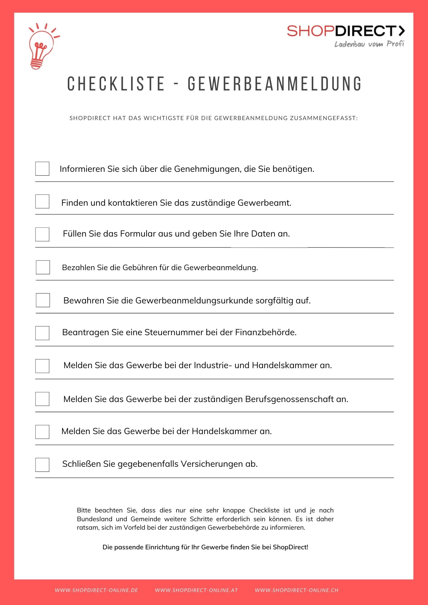 ShopDirect Checkliste Gewerbeanmeldung Einzelhandel